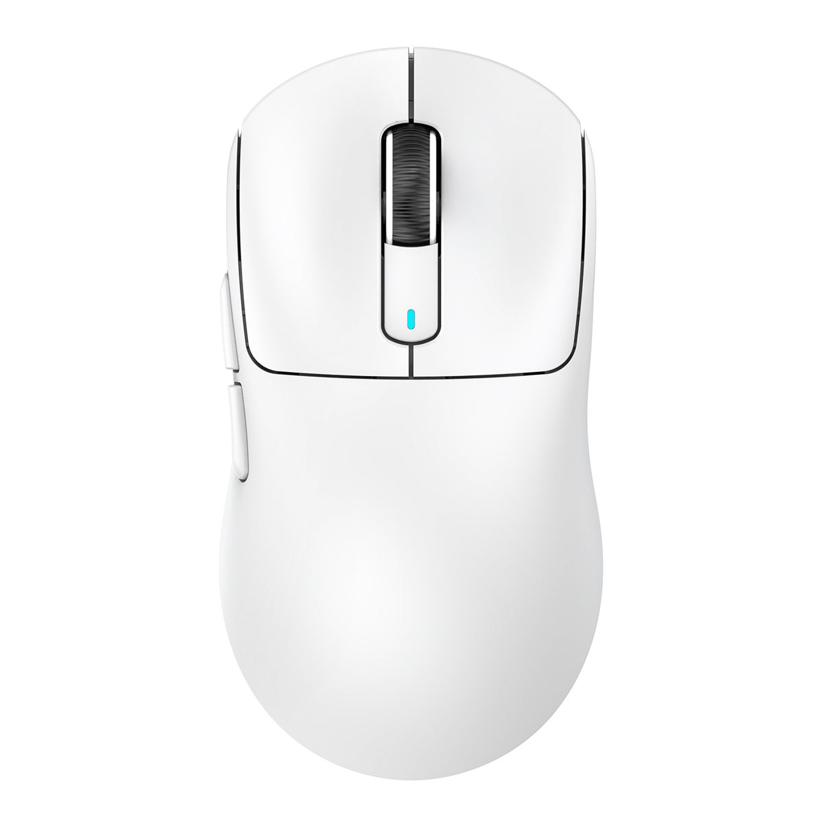 Pawshift – Top-down view of the white wireless gaming mouse with scroll wheel, side buttons and blue indicator light