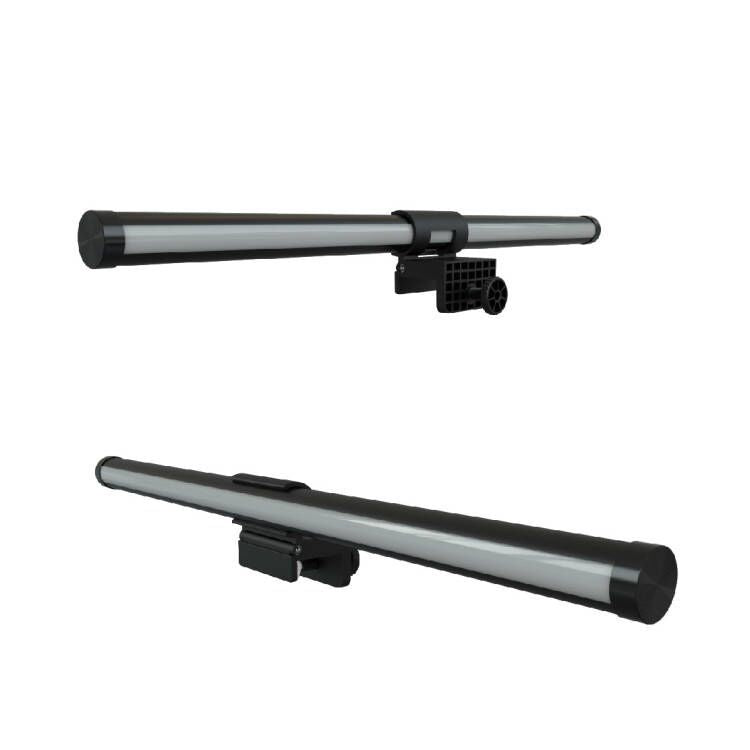 Glowsill – Black screen light bar with a clamp and thumbscrew, shown from two angles on a white background