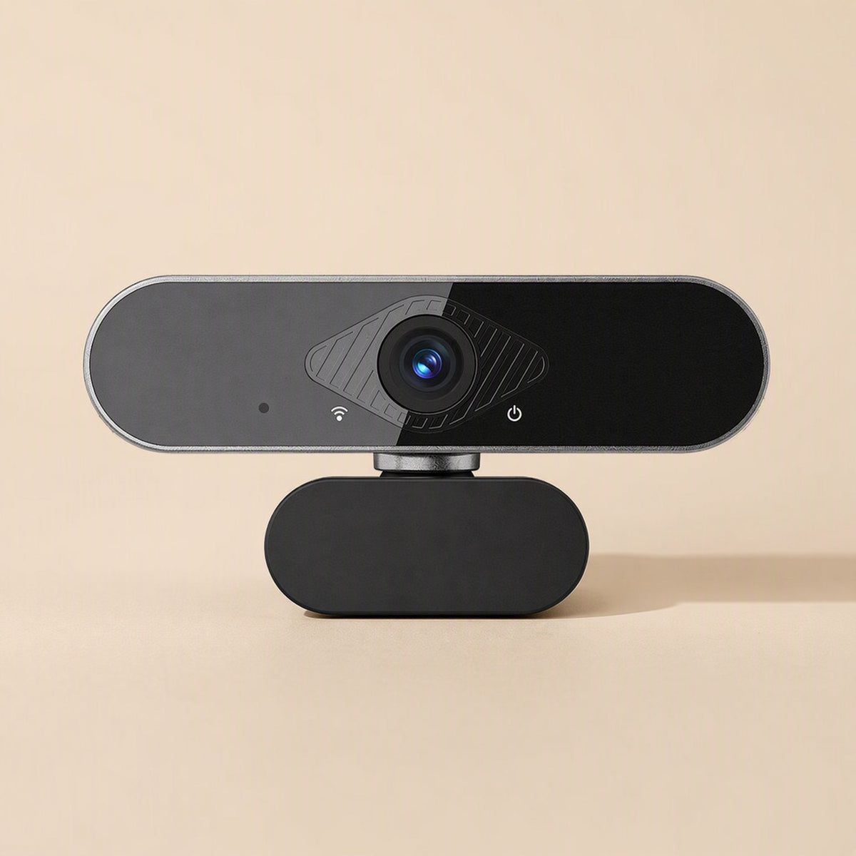 Viewvoice – Straight-on front view of the webcam showing the lens, microphone dot, indicator icons and round swivel base