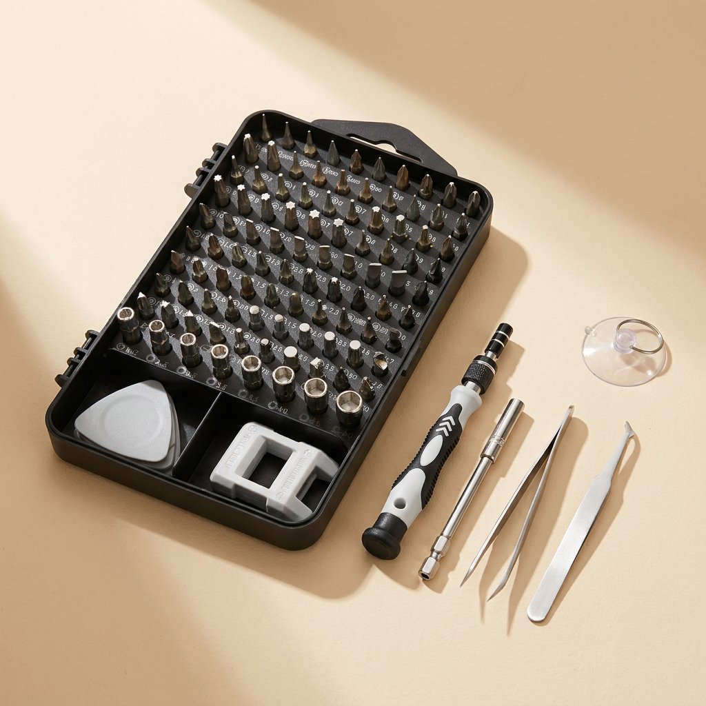 Screwkit – Overhead view of the bit tray with many bits, plus the screwdriver, extension, tweezers and suction cup beside it