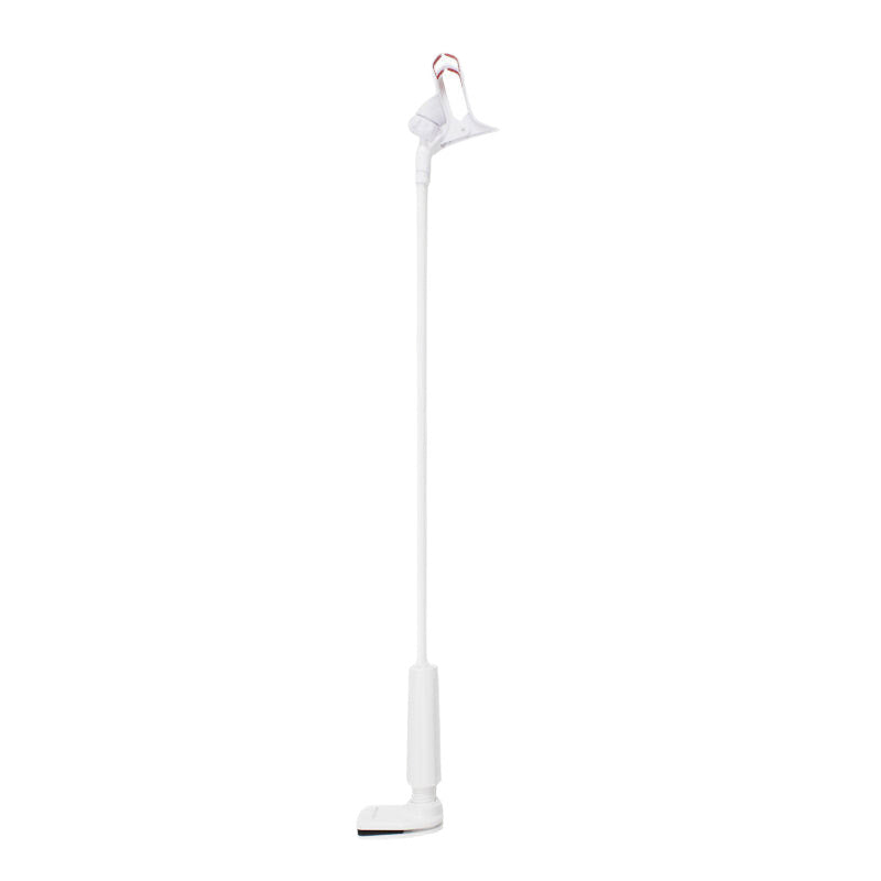 Coilrest – Full-length white stand with a long straight arm, phone clip at the top and clamp base, on white