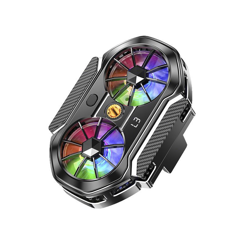Frostmag – Top-angle view of black phone cooler with two rainbow-lit fans, carbon-fiber grips and a digital display