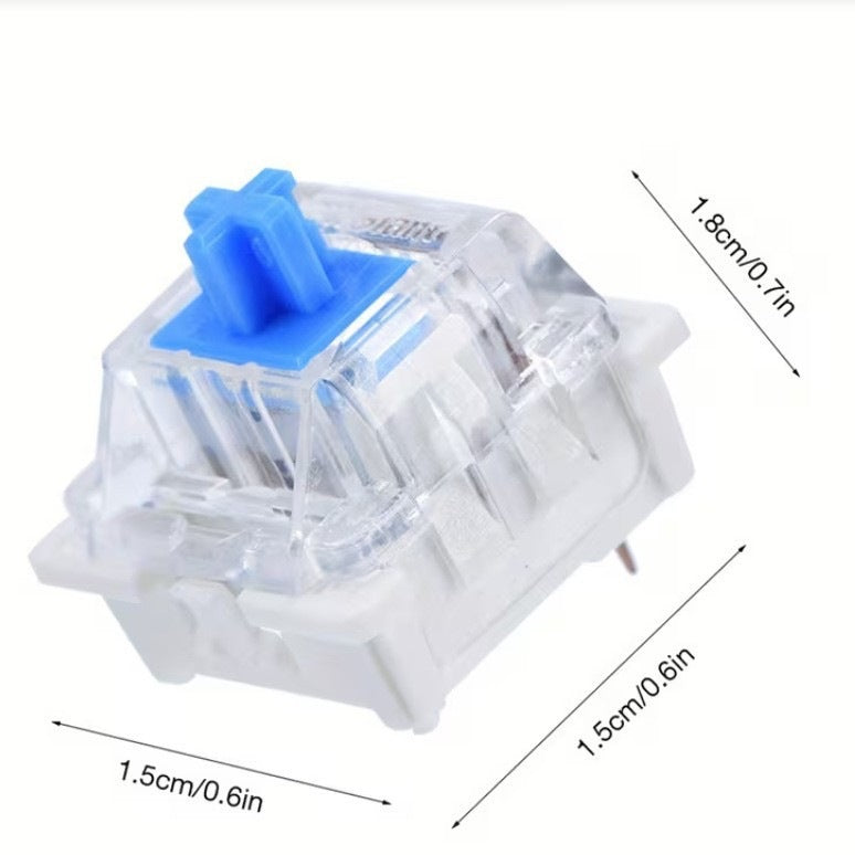 Tactileaf – Single blue switch with dimension labels showing 1.5cm width and 1.8cm height, metal pin visible