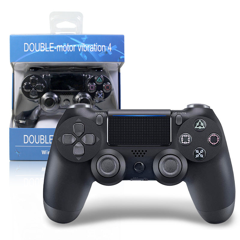 Vibecraft P4 Bluetooth Game Controller – black controller in front of its blue retail box labelled Double-motor vibration 4