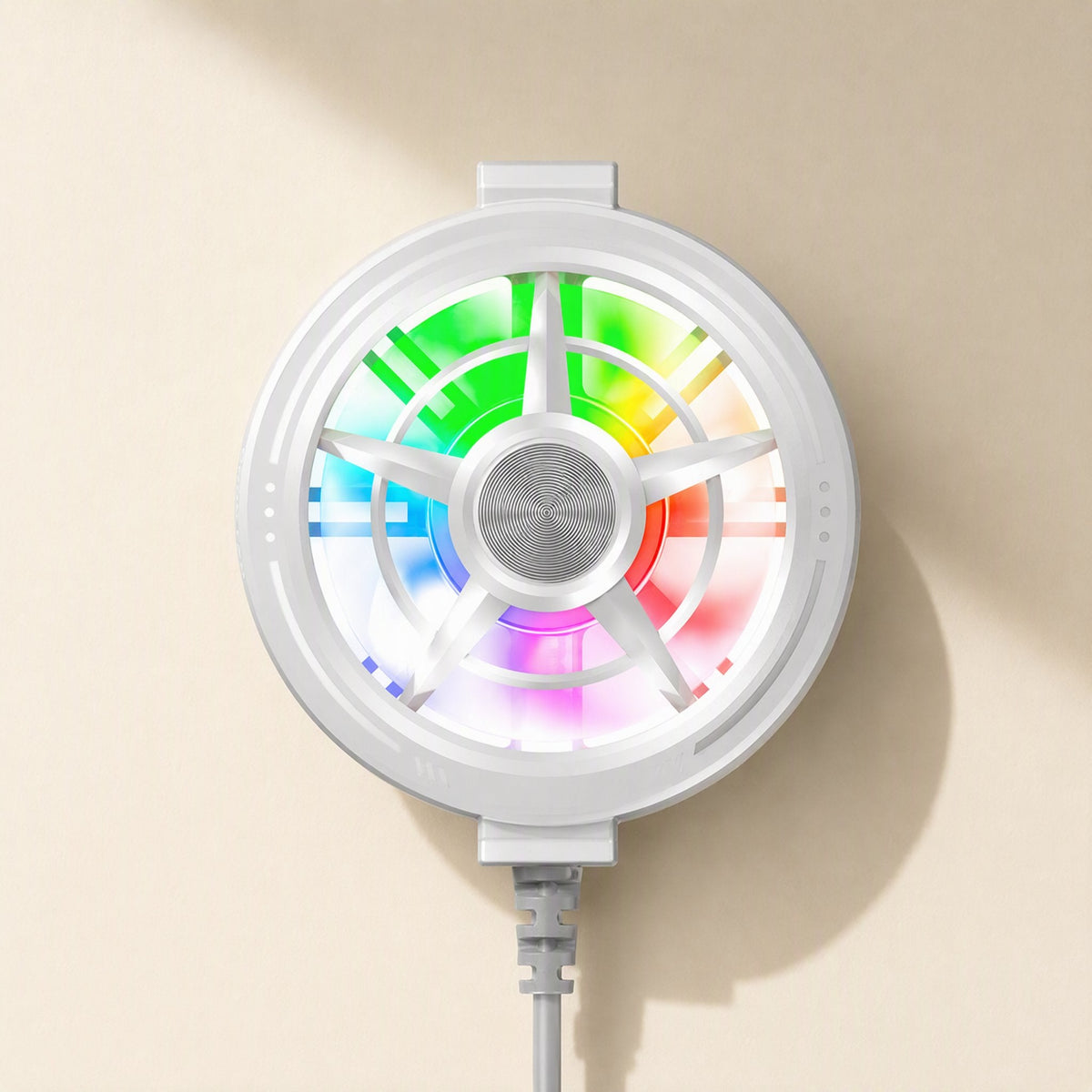 Breezefan Mobile Phone Cooler Fan – white cooler fan facing the camera, showing colourful lit blades and a silver centre hub