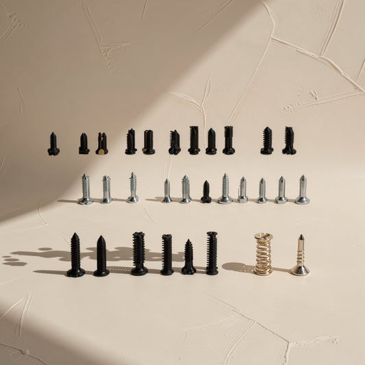 Joybolt – Assorted black and silver screws, a gold spring and a gold screw laid out in three rows on a plaster backdrop