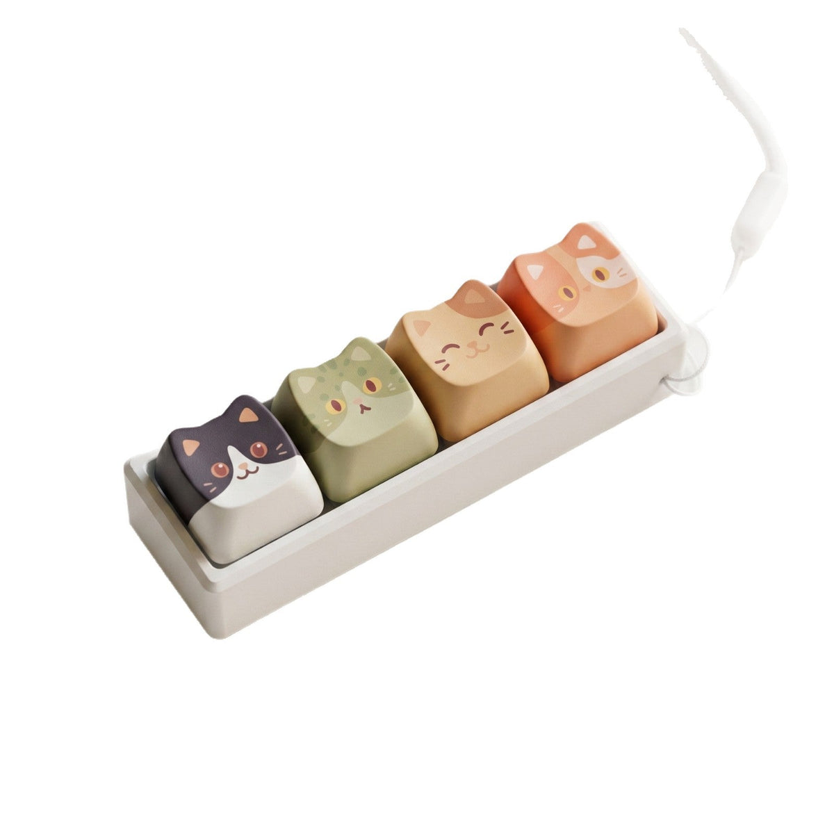 Furrkey – Four cat keycaps in a white holder with a white cord, shown on a plain white background