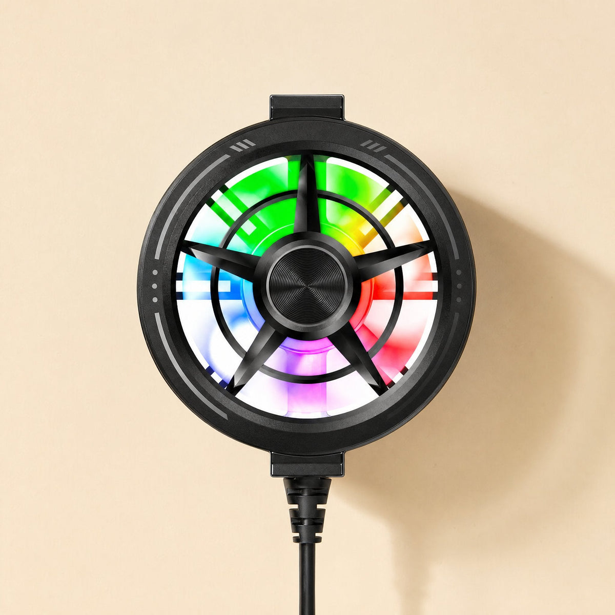 Breezecool – Front view of the black radiator with a multicolored LED ring around the five-blade fan and cable below