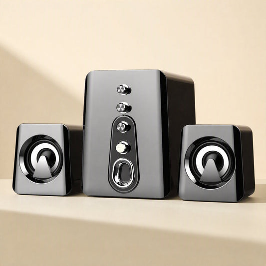 Deskchime – Gray 2.1 desktop speaker trio with a front-facing subwoofer and two cone-driver satellites on a beige ledge