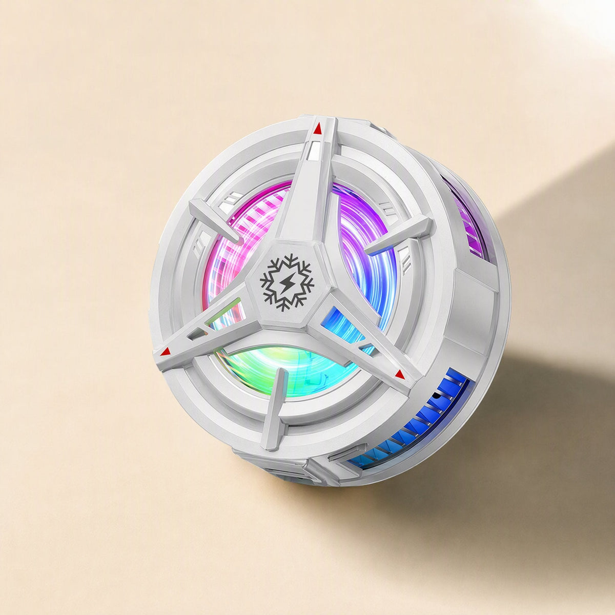 Cooldial – White magnetic clip-on cooler at an angle, showing rainbow light ring and blue side vent glow