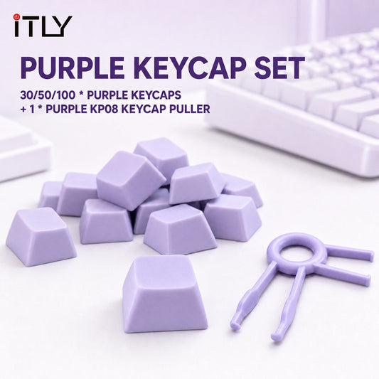 Macarune – Pile of purple square keycaps beside a purple keycap puller, with a keyboard behind
