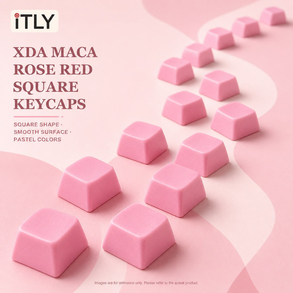 Macarune Macaron Mechanical Keyboard Keycaps – rose red square keycaps in a curving row on a pink backdrop