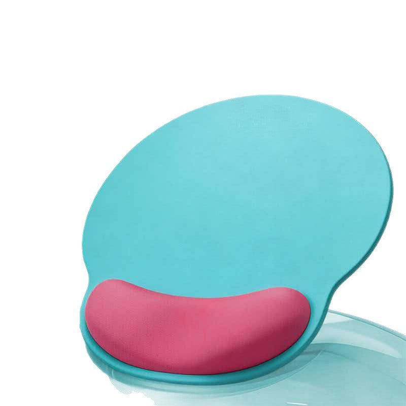Dualhue – Teal rounded mouse pad with a pink wrist rest cushion, shown from above on a white background