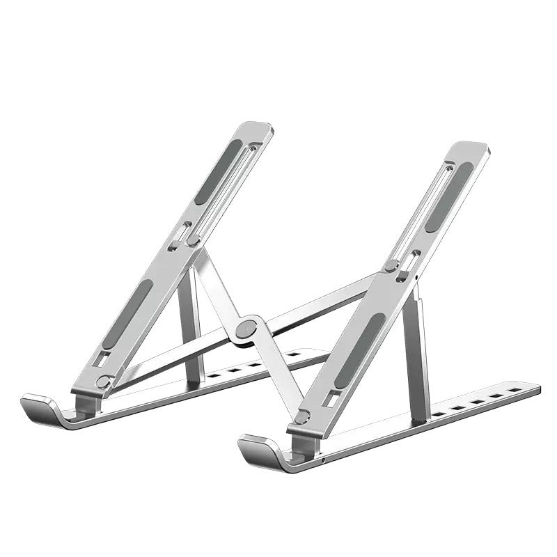 Foldwing – Silver foldable aluminum laptop stand with grey silicone strips, shown on a white background