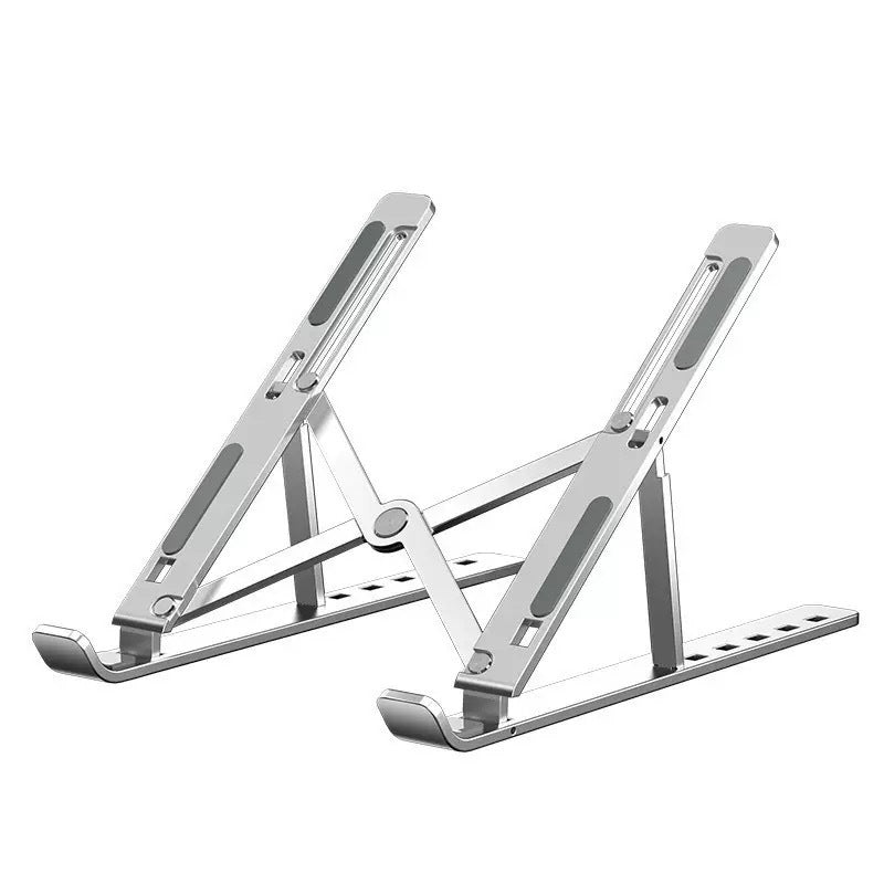 Foldarc – Silver folding stand with adjustable arms and ventilation holes, shown on a plain white background