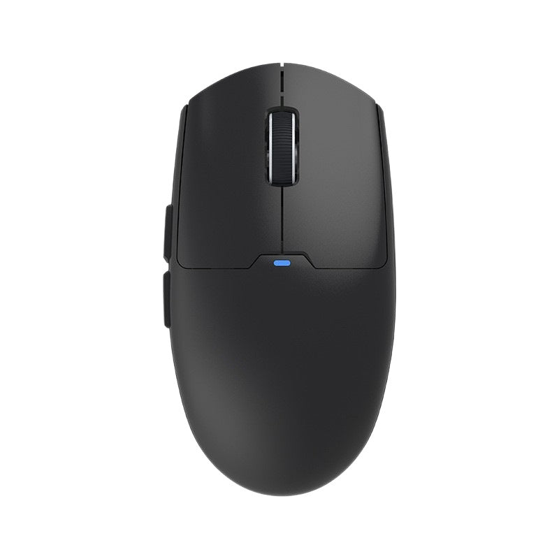 Glide Wireless Gaming Mouse – black mouse top-down on a white background showing two side buttons and a blue LED