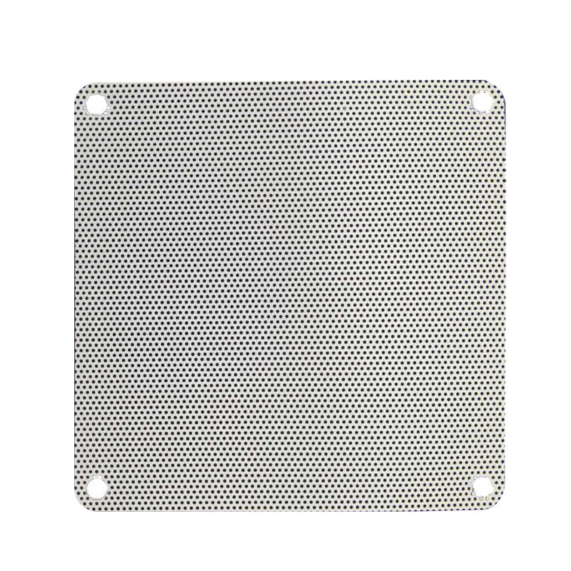 Sieveguard – Front view of white square fan filter with fine round perforations and four corner holes