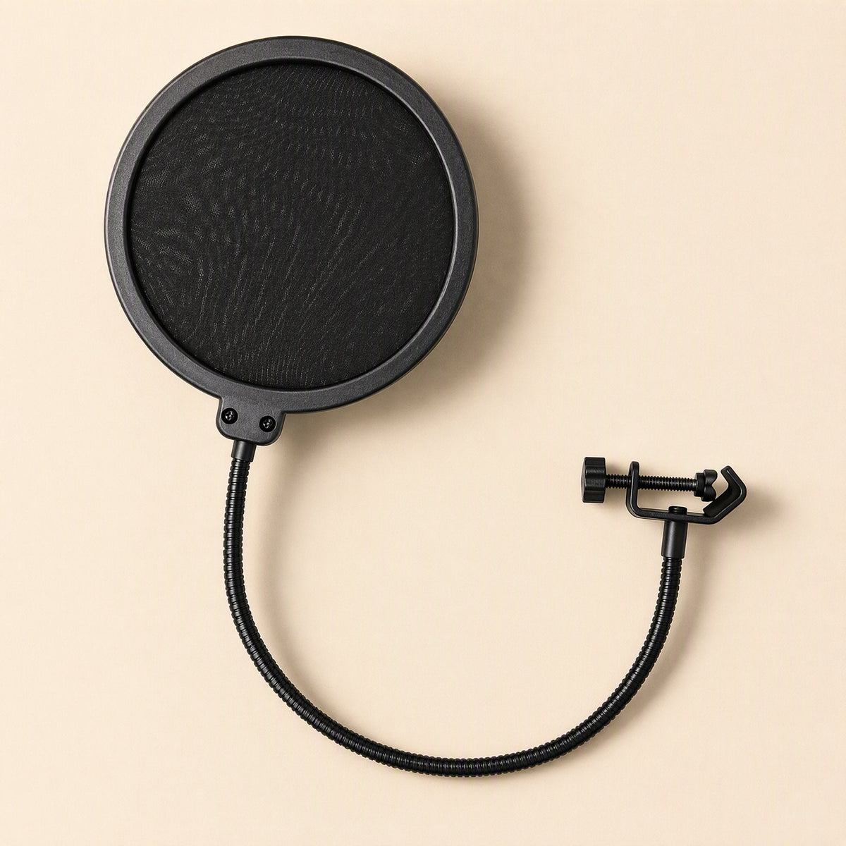 Popmesh – Top-down view of the black circular mesh screen with its long gooseneck arm and clamp curled beside it