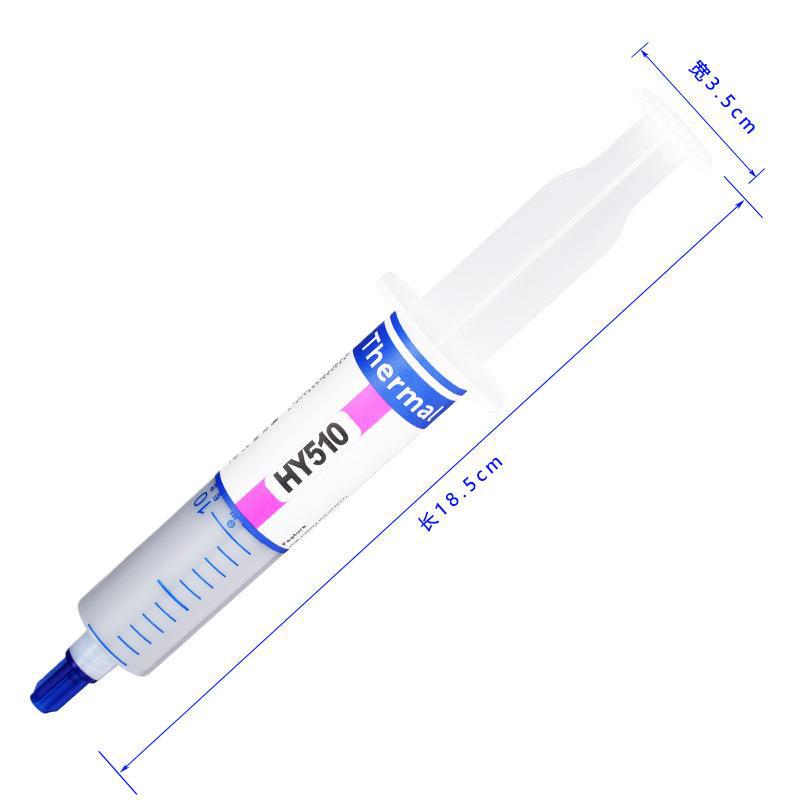 Grayline Gray Silicone Thermal Paste – HY510 syringe at an angle with length 18.5 cm and width 3.5 cm dimension lines