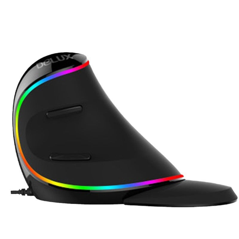 Wiredease – Right-side view of the black vertical mouse with two side buttons, rainbow LED trim and attached cable