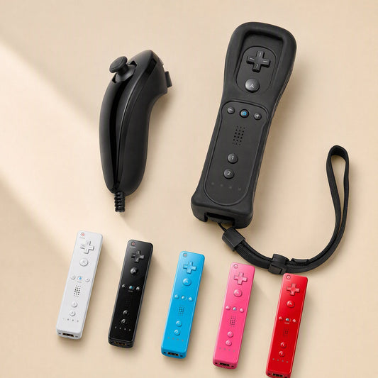 Playgrip – Black remote in a silicone sleeve with wrist strap, black nunchuk, and five bare remotes in assorted colours