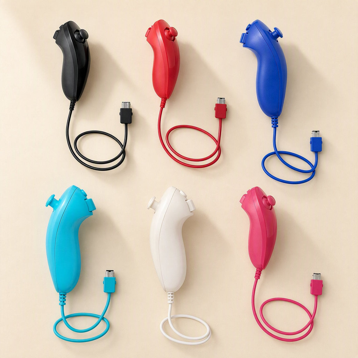 Playgrip – Six wired nunchuks in black, red, blue, light blue, white and pink, each with a coiled cable and connector