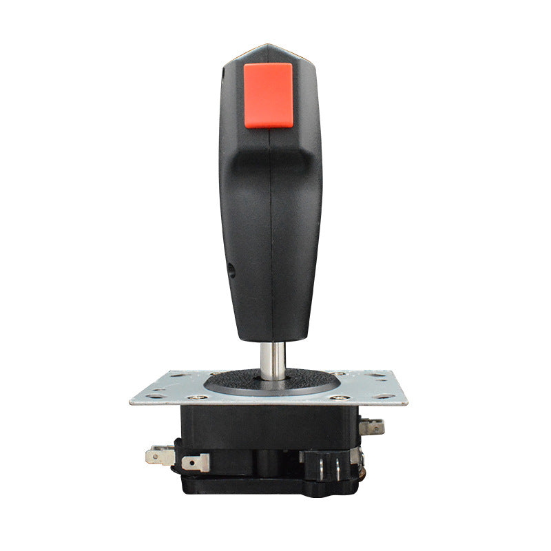 Flyvibe PS/2 Flight Joystick – side view of black joystick handle with red button above metal plate and microswitch terminals