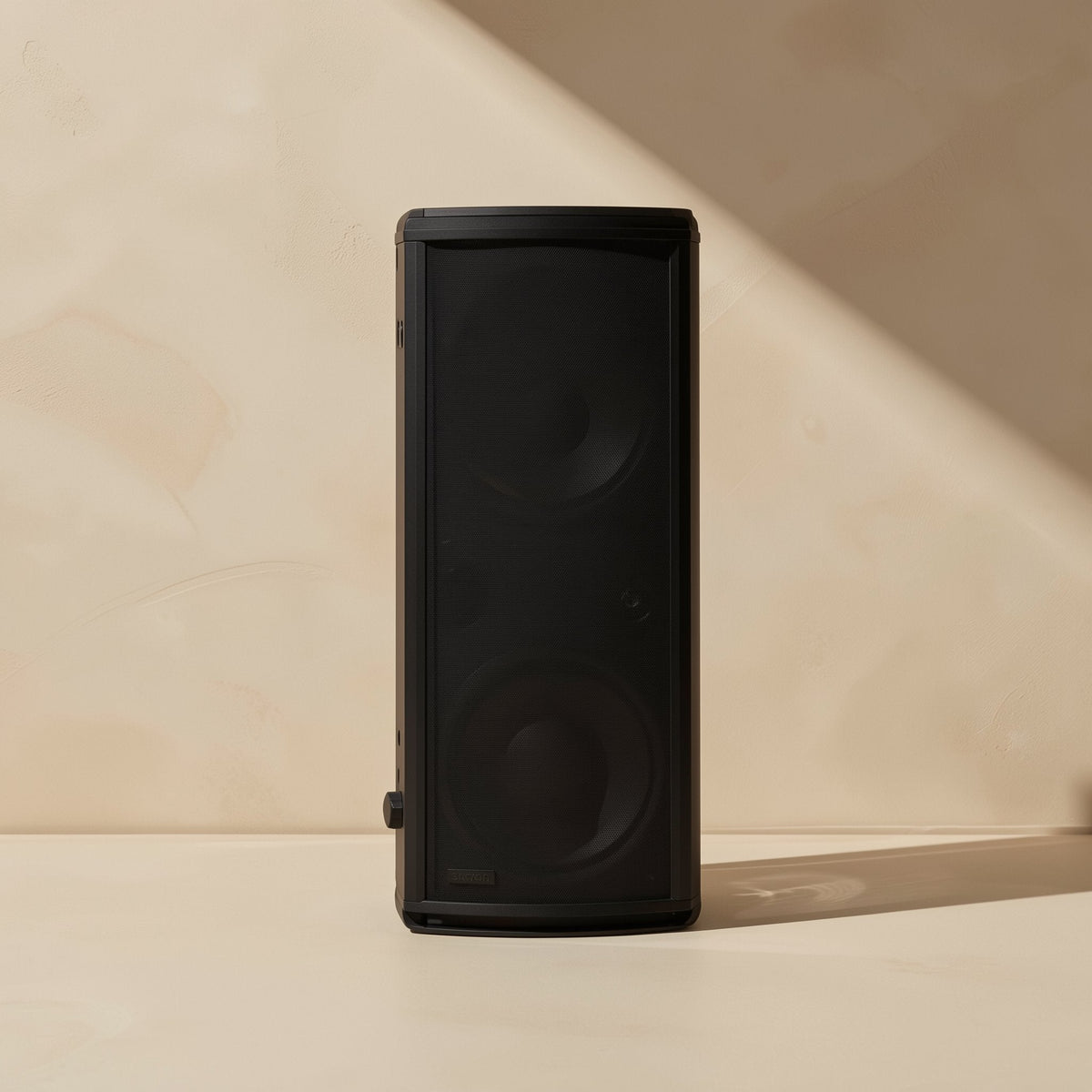 Dustmesh – Tall black speaker-style unit with two round grille circles on a cream surface against a beige wall
