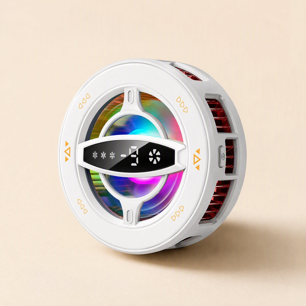Magchill – White round cooler upright showing temperature display, fan icon, side button and orange arrow markings