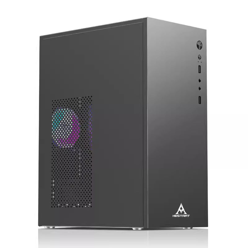 Bytehaven – Dark grey case at a three-quarter angle, showing perforated side panel, RGB fan, front I/O ports and logo