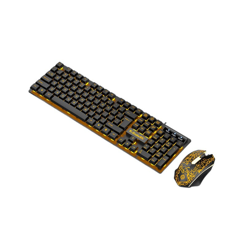 Sparkwire – Top-angle view of the black and orange keyboard and cracked-pattern mouse on a white background