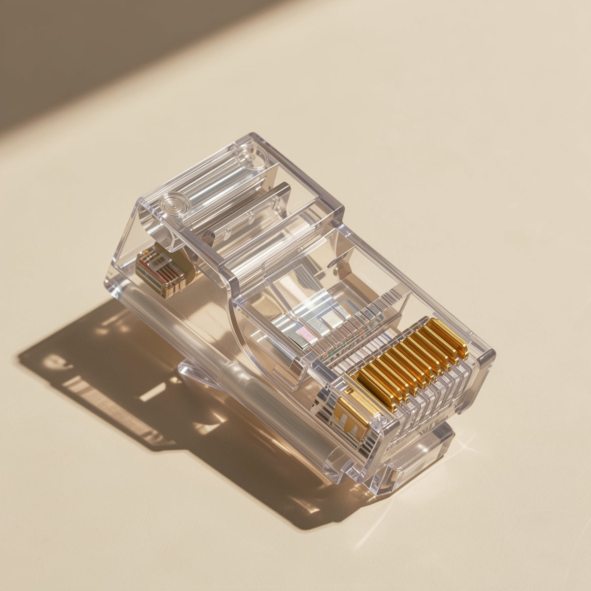 Pinjoin – Close-up top view of a transparent RJ45 connector showing its row of gold-plated contacts