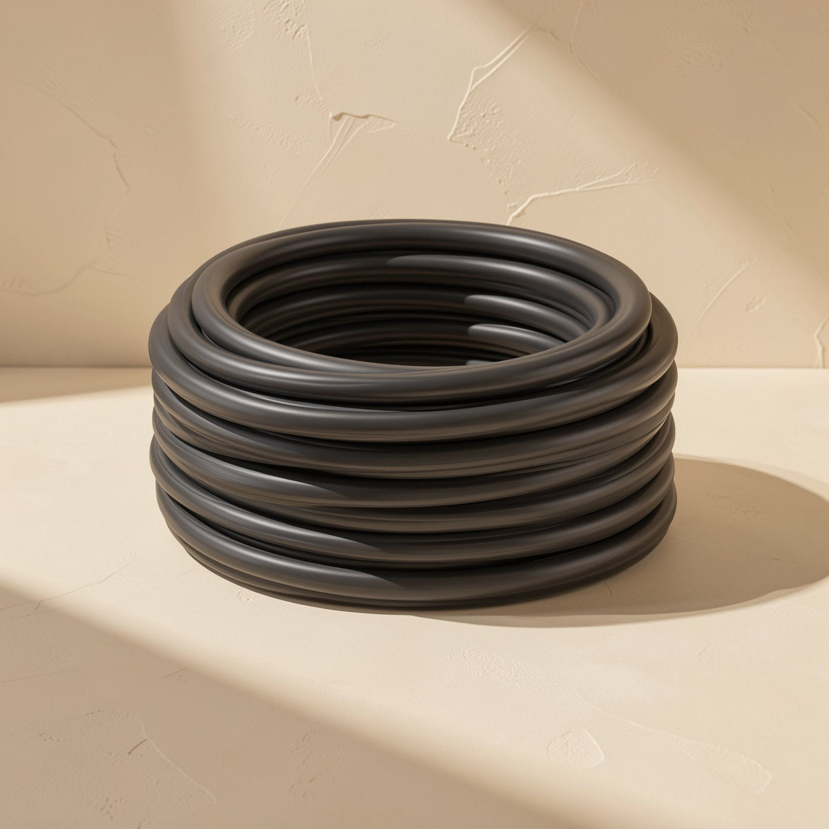 Twistcord – Black network cable coiled in a neat stack on a cream surface, lit by angled sunlight