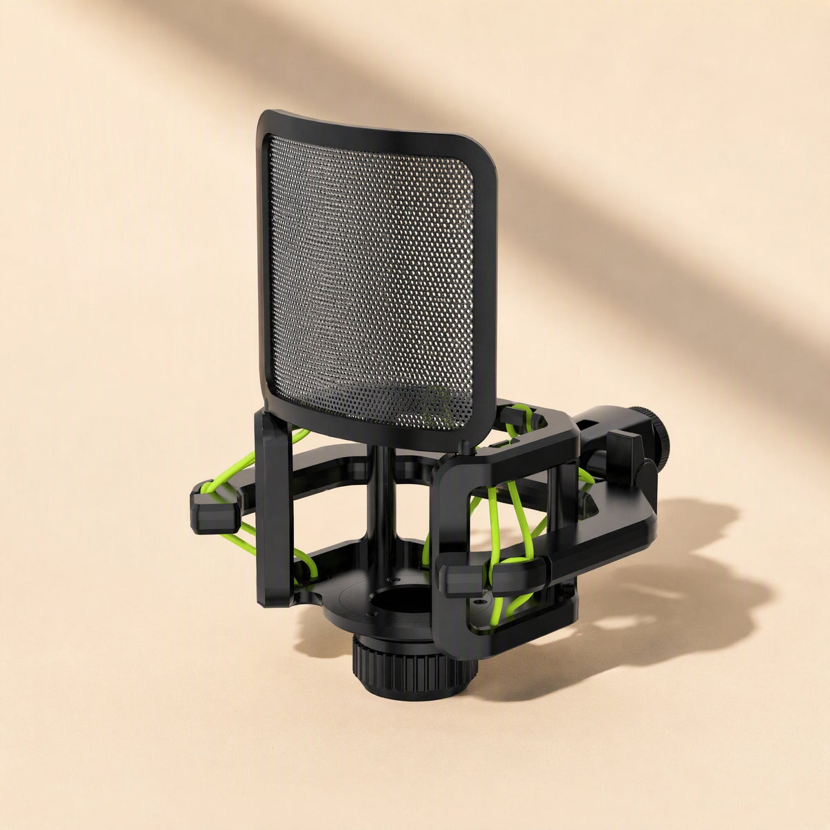 Joltbrace – Bracket variant with bright green suspension cords and a black mesh pop filter on a warm beige backdrop