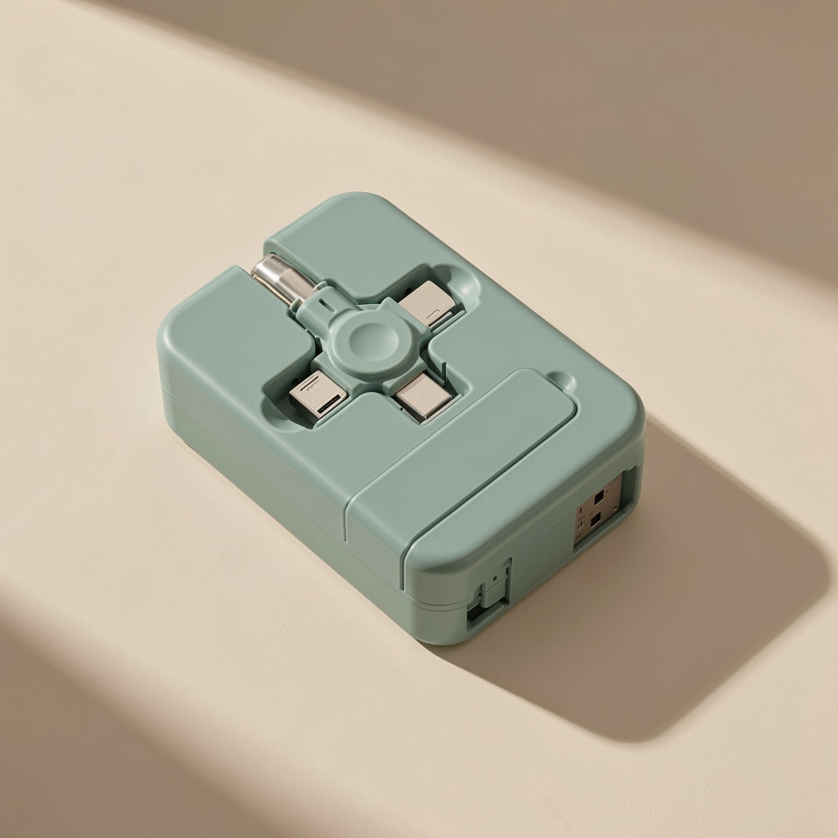 Trioflow – Sage green cable case angled from above, with connector tips arranged in a cross and a USB plug at the side