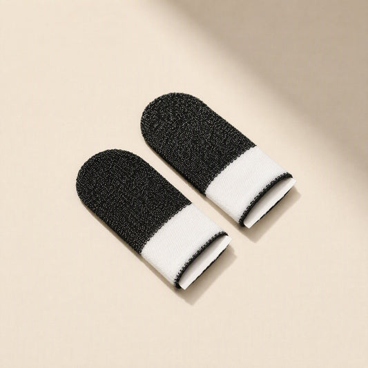Silvertouch – Pair of black knit finger sleeves with white fabric cuffs and black edging on a cream background