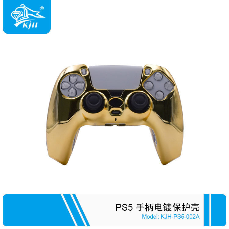 Gripshell – Gold chrome shell fitted on a white PS5 controller, front view with black thumbsticks
