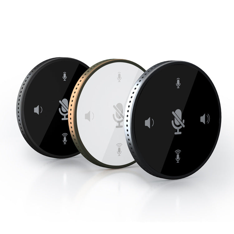 Clearwell – Three round conference speakerphones in black, white with gold trim, and black with silver trim, side by side