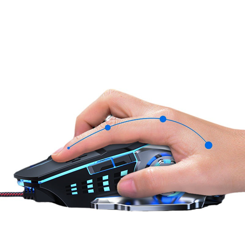 Quicktail – Hand resting on a black gaming mouse with blue backlighting and a red braided cable, side view