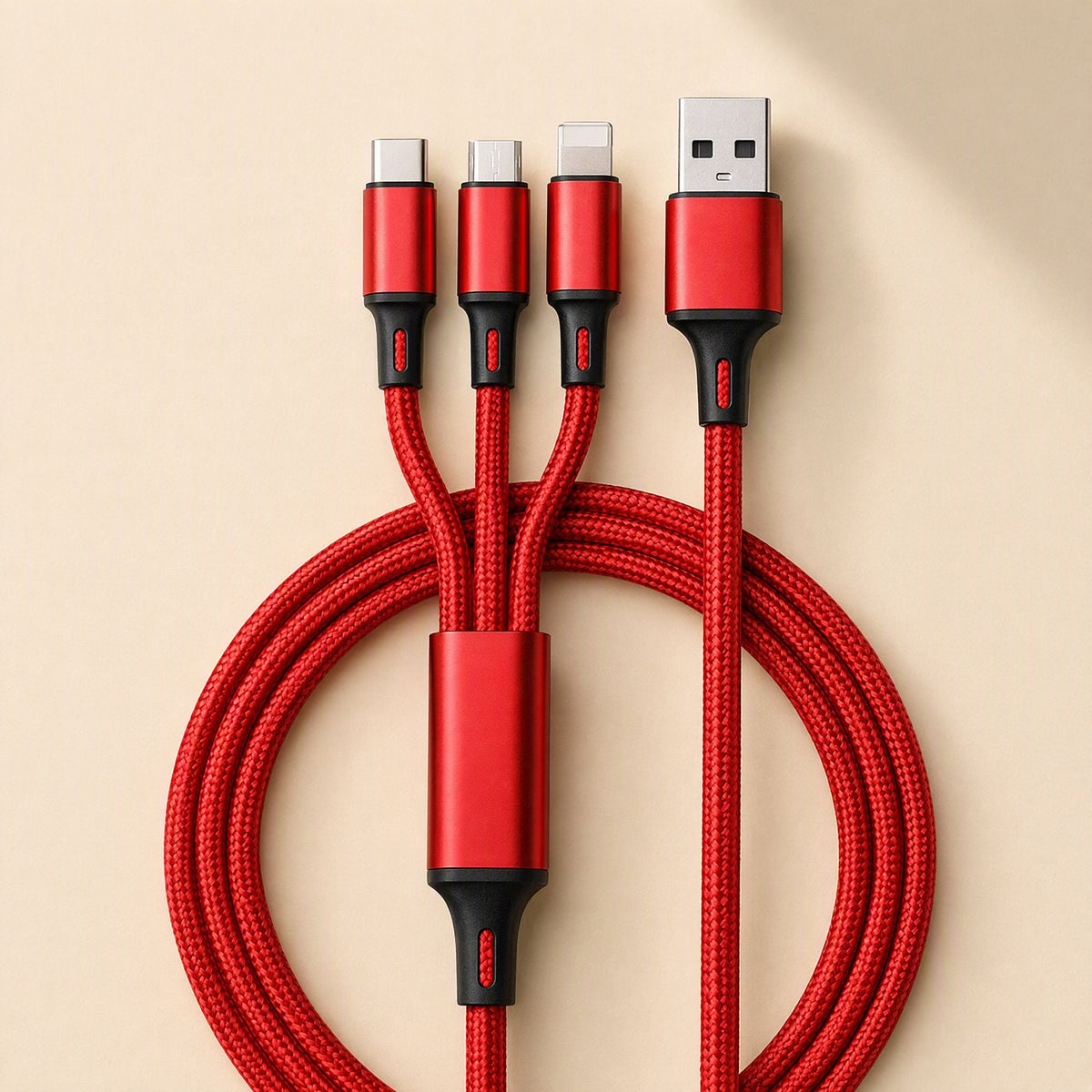 Wovenlink – Red braided three-in-one charging cable with USB-C, Lightning and USB-A ends, coiled in a circle