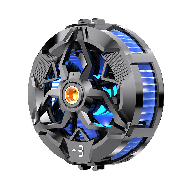 Coolfin – Round black cooler with blue lit fan, gold center screw and small digital display, shown at an angle