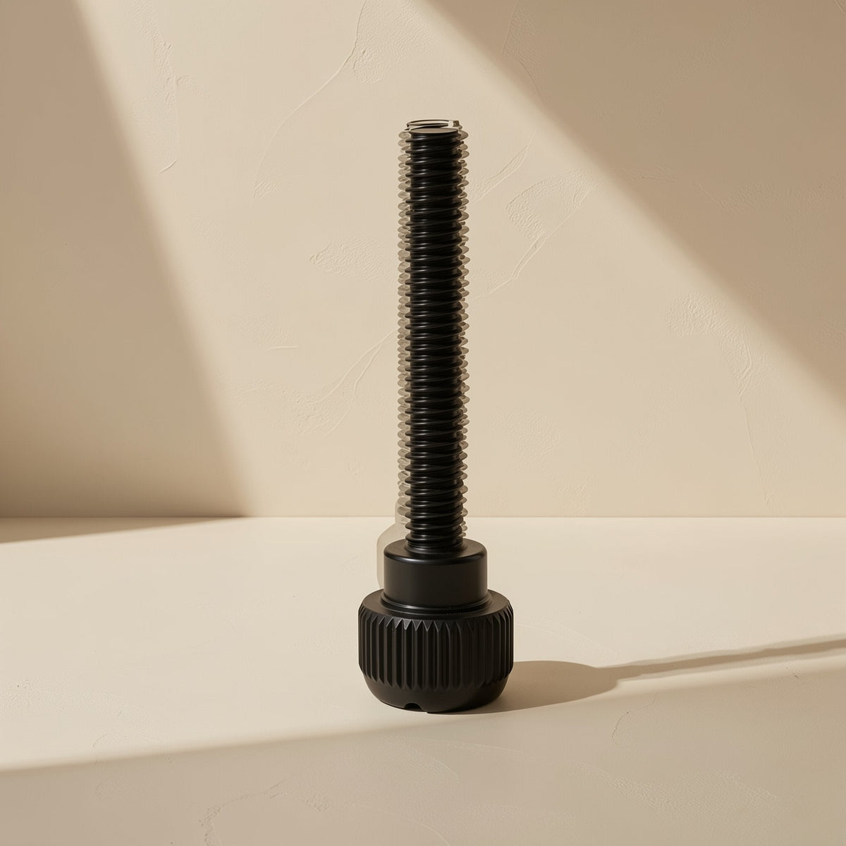 Casebolt – Single black knurled-head screw with a long threaded shaft standing upright in soft light