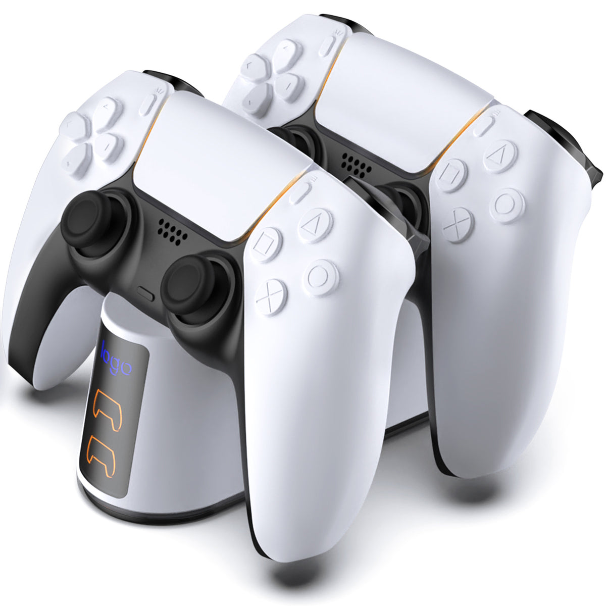 Arcglow – Front view of white dual charging stand with two orange charge indicators and two PS5 controllers docked
