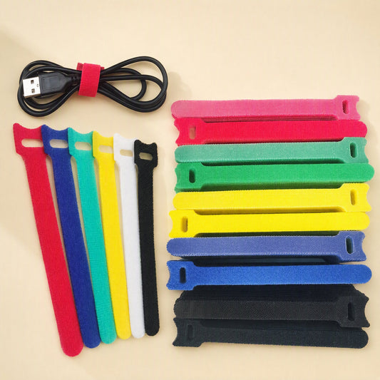 Softbind Nylon Hook-and-Loop Cable Tie – assorted colored hook-and-loop ties, with a red one wrapped around a black USB cable