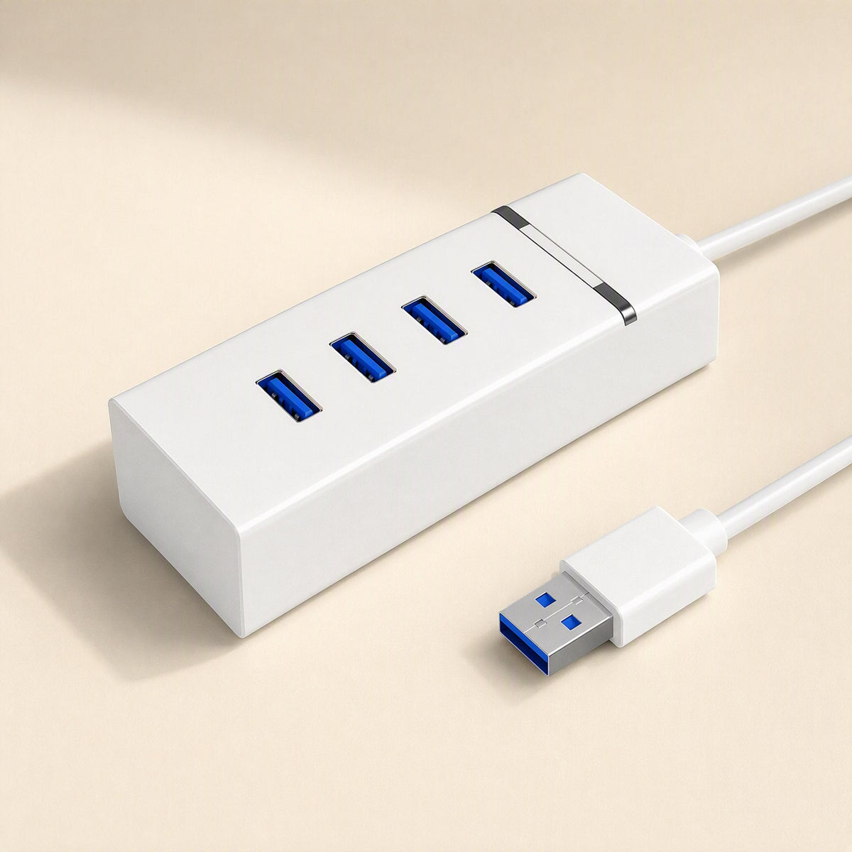 Databranch – White four-port USB hub with silver trim and blue port interiors on a beige background