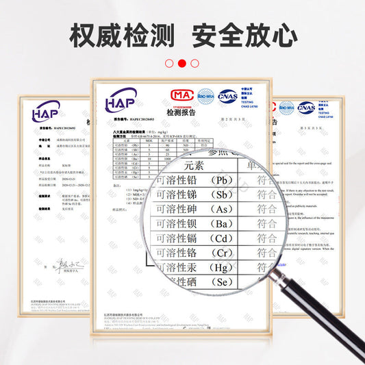 Naturmat – Test report pages with a magnifying glass over a list of soluble heavy metal elements marked as compliant