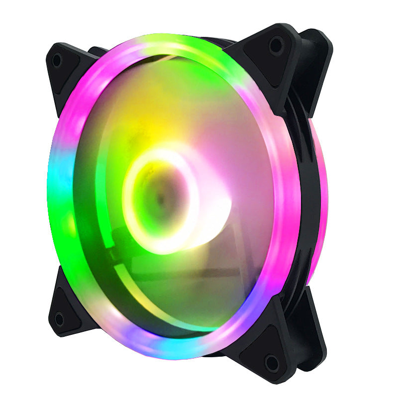 Glowvane RGB PC Case Fan – front view of a black fan with a pink, green and blue lit rim and clear blades