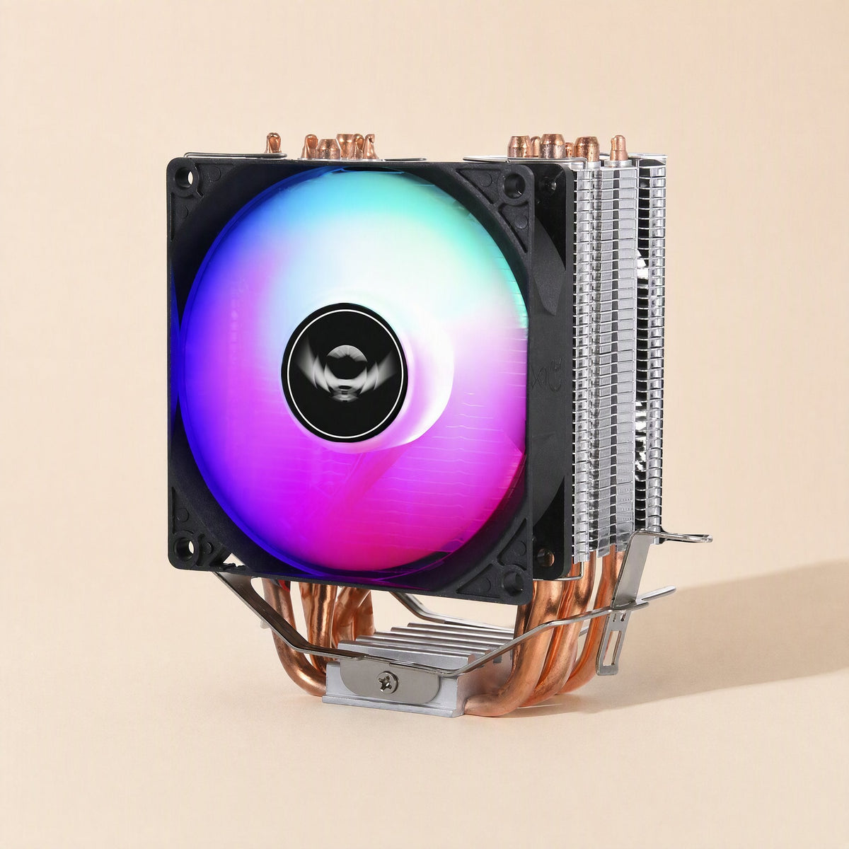 Copperchill – Front view of the cooler with a rainbow RGB fan, black frame, copper heat pipes and mounting clips