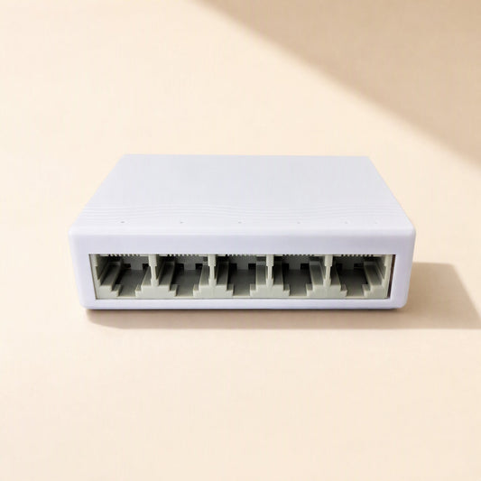 Portflow 5-Port Ethernet Switch – white compact switch front view showing five ports in a row on a peach background