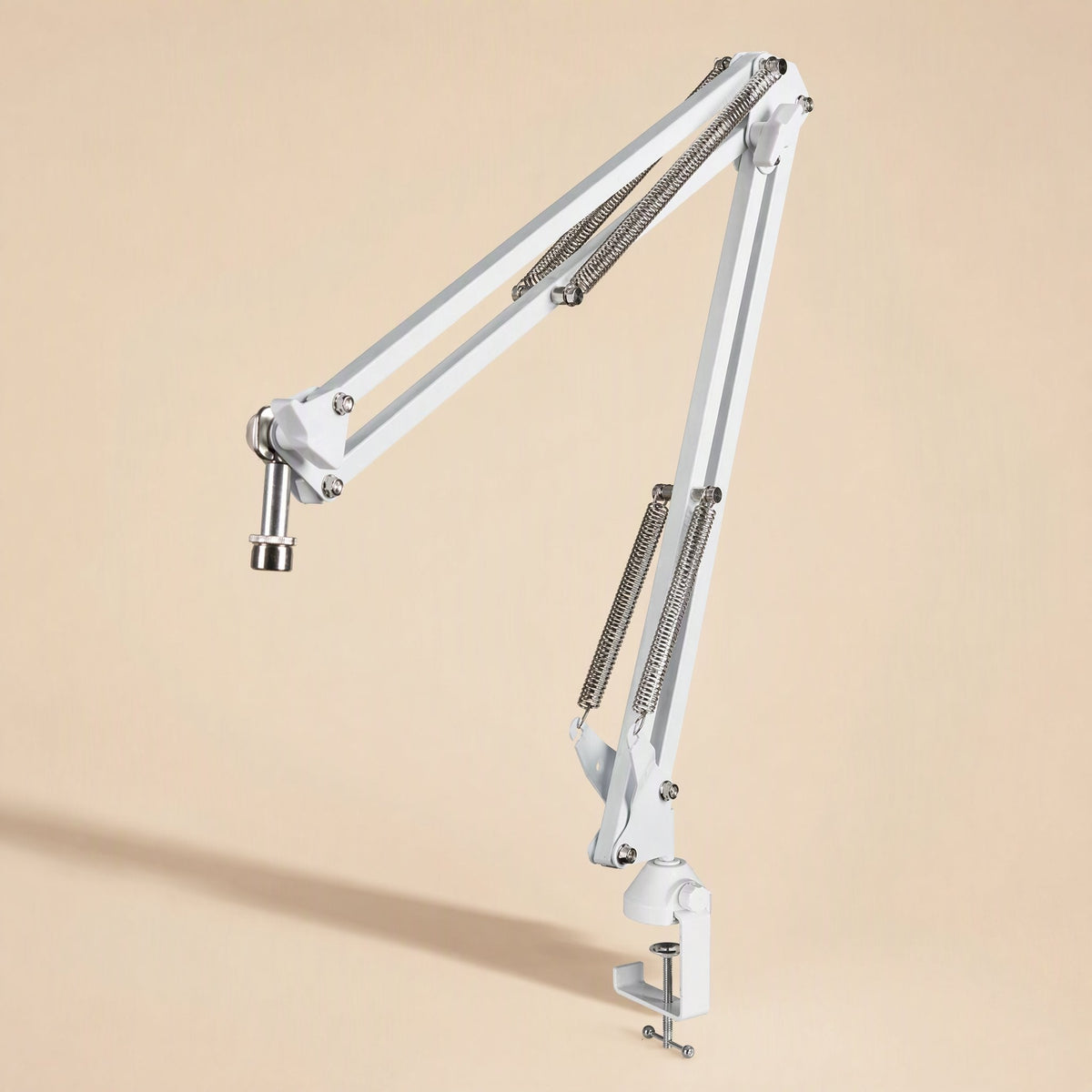 Streamreach – White cantilever arm angled upward, close view of the twin springs and threaded mic mount